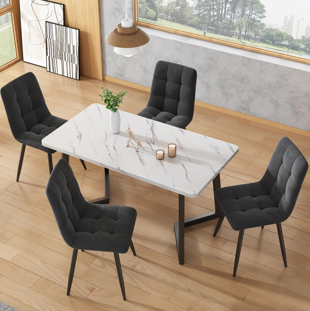 Tavolo da pranzo rettangolare 117x68 cm con piano effetto marmo e gambe in ferro nero