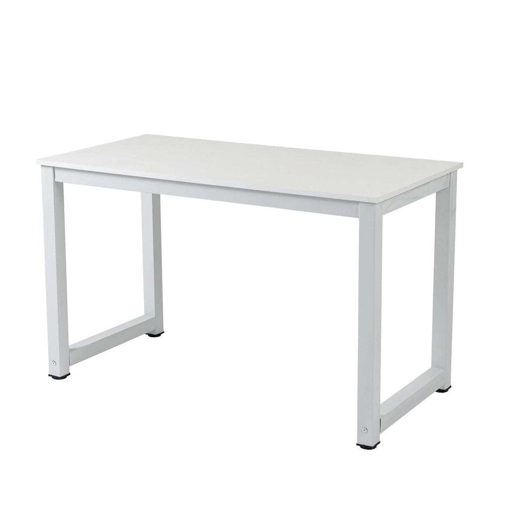 Scrivania ad angolo bianca in MDF e metallo; piano ampio per computer