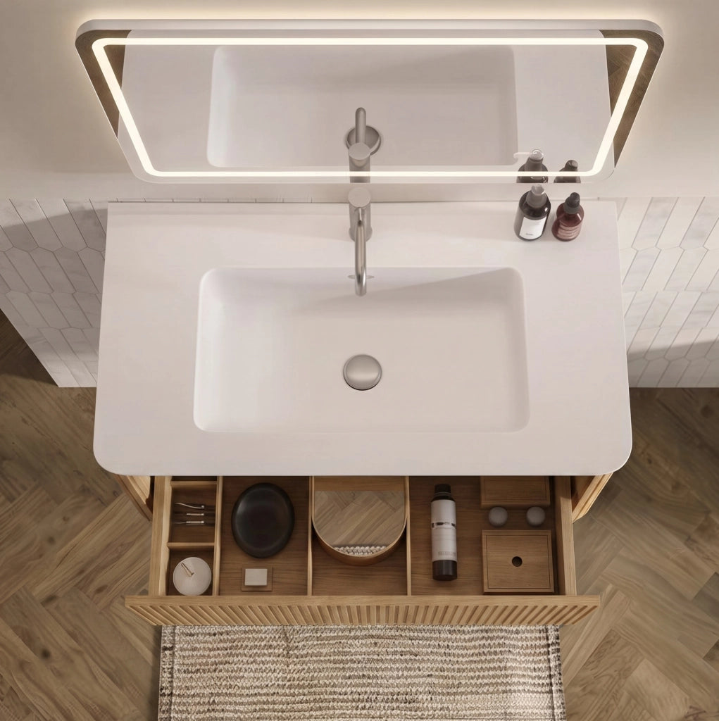 Mobile lavabo 80 cm con specchio LED e colonna, rovere bianco, stile moderno