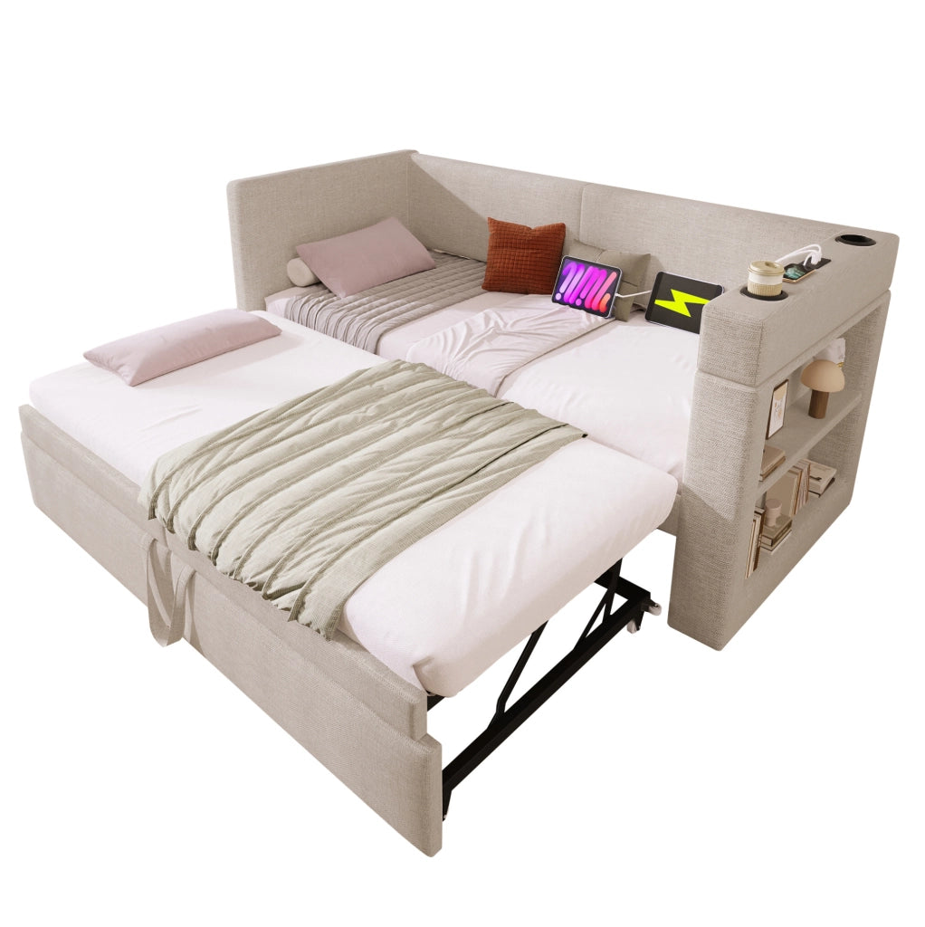 Divano letto estraibile 90x200 cm beige con USB, Type-C, portabicchieri e ripiani