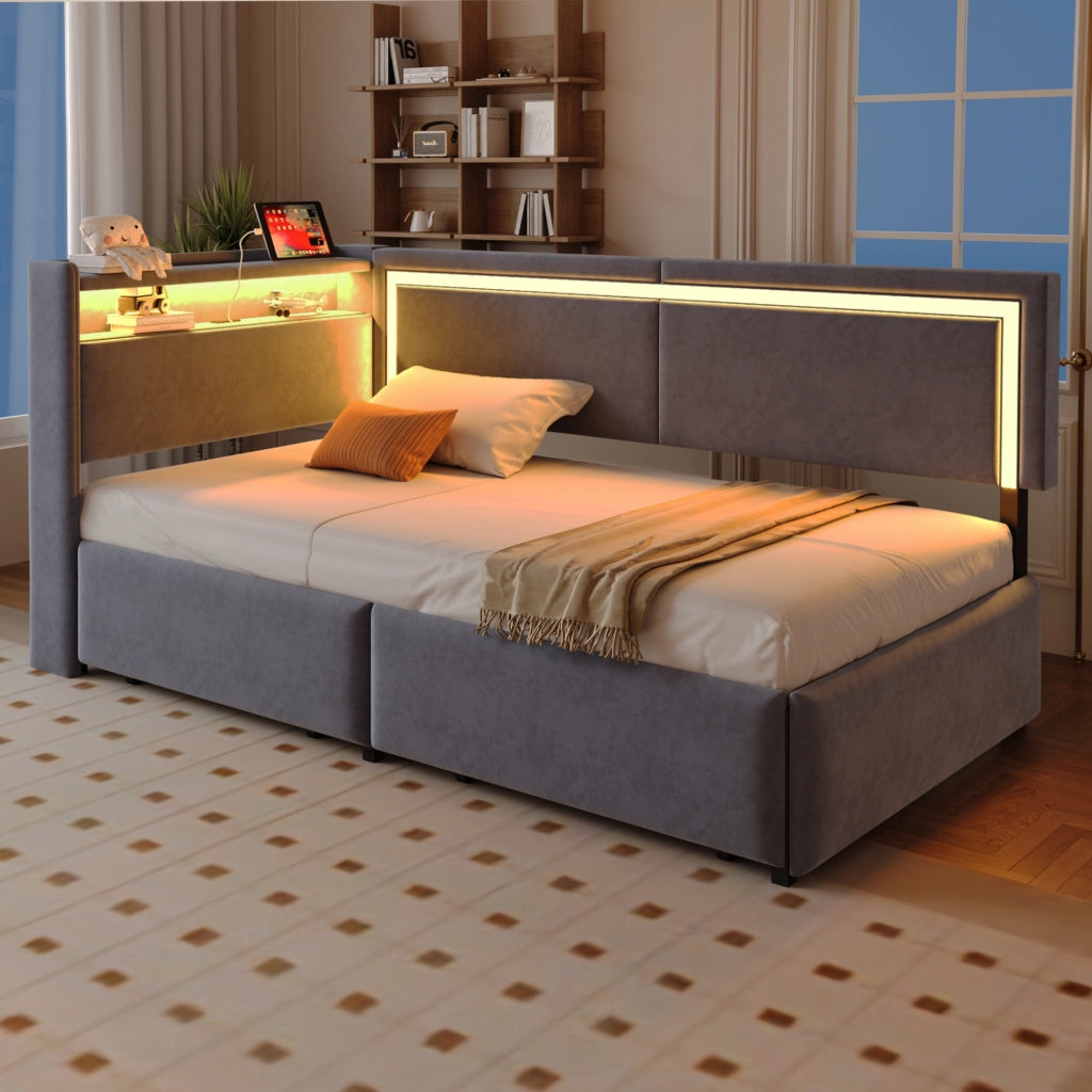 Letto contenitore singolo 90×200 cm con LED; USB; testiera con ripiani e cassetti; senza materasso; velluto; grigio