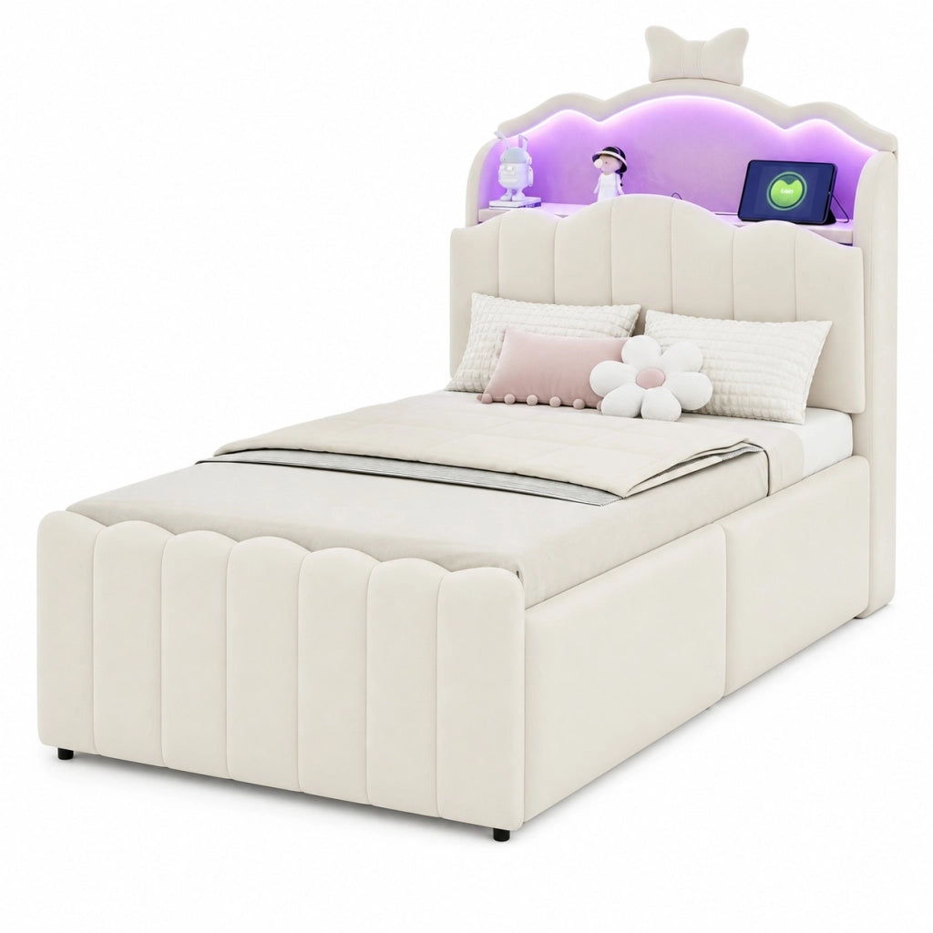 Letto contenitore 90 × 200 cm imbottito con testiera a fiocco LED porte USB e USB-C rivestito in velluto beige