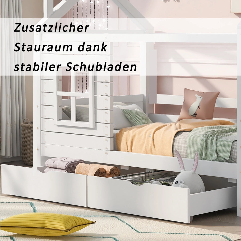 Letto a casetta 80 × 160 cm con cassetti e finestre in legno di pino bianco con rete a doghe inclusa