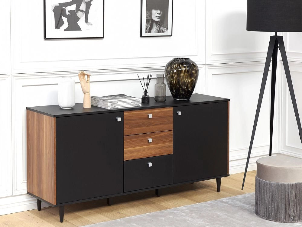 Credenza Nera con Mobiletto in Truciolare di Legno Scuro 3 Cassetti 2 Ante Mobili Soggiorno