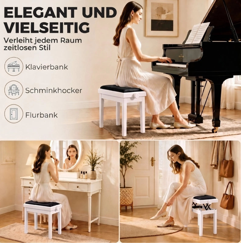 PANCA per Pianoforte Regolabile 61,5x33x45-56 cm Bianca e Nera