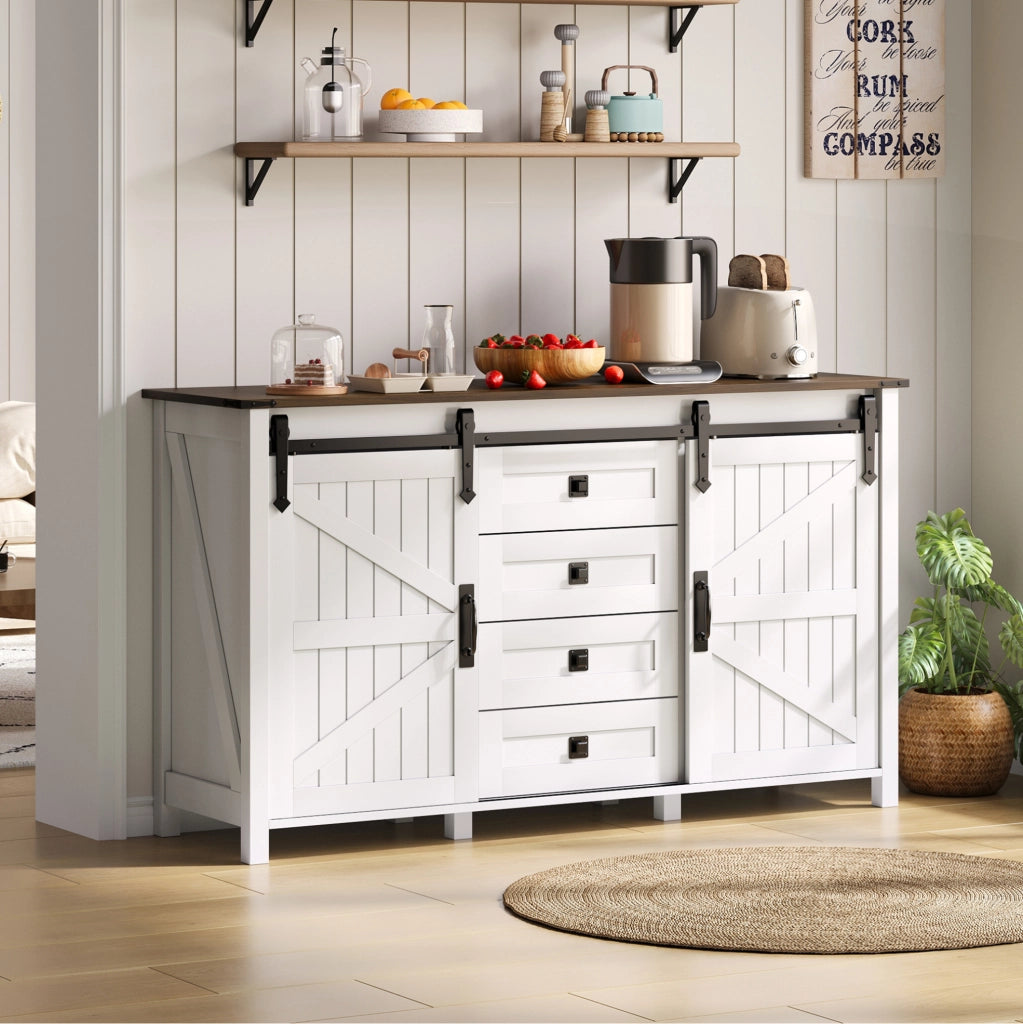 Credenza bianca 137 cm con ante scorrevoli e 4 cassetti