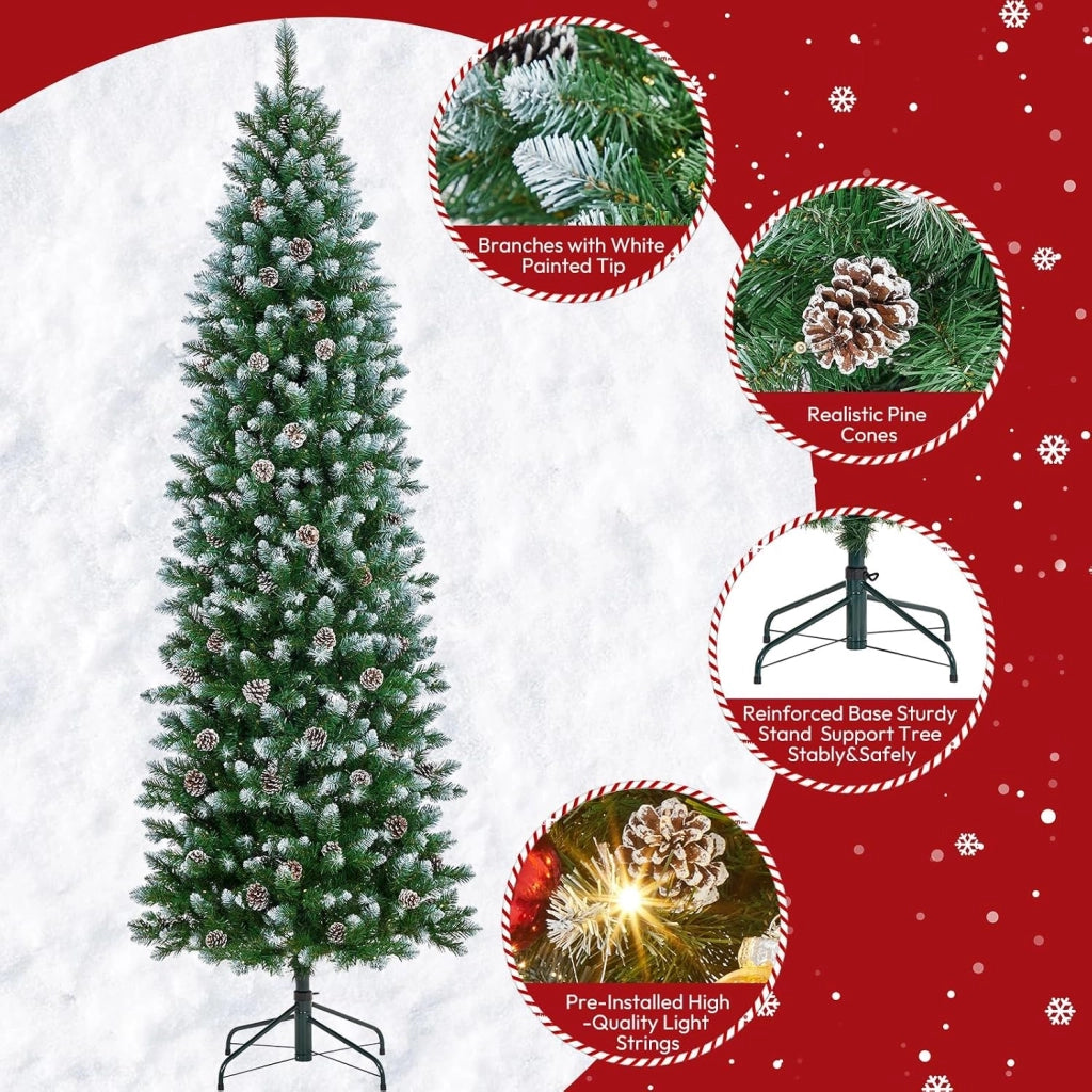 Albero di Natale Slim a Matita 230cm con 400 LED Bianco Caldo 1000 Punte Pigne e Base Metallo