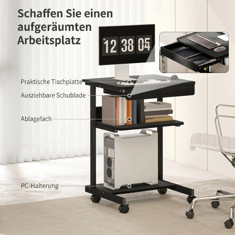 Scrivania compatta su ruote con cassetto e ripiani