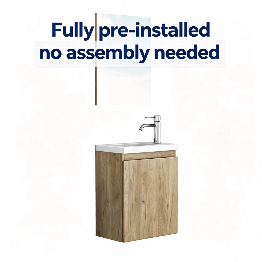 Mobile bagno sospeso 40 cm con lavabo in ceramica e specchio design senza maniglie in MDF colore rovere