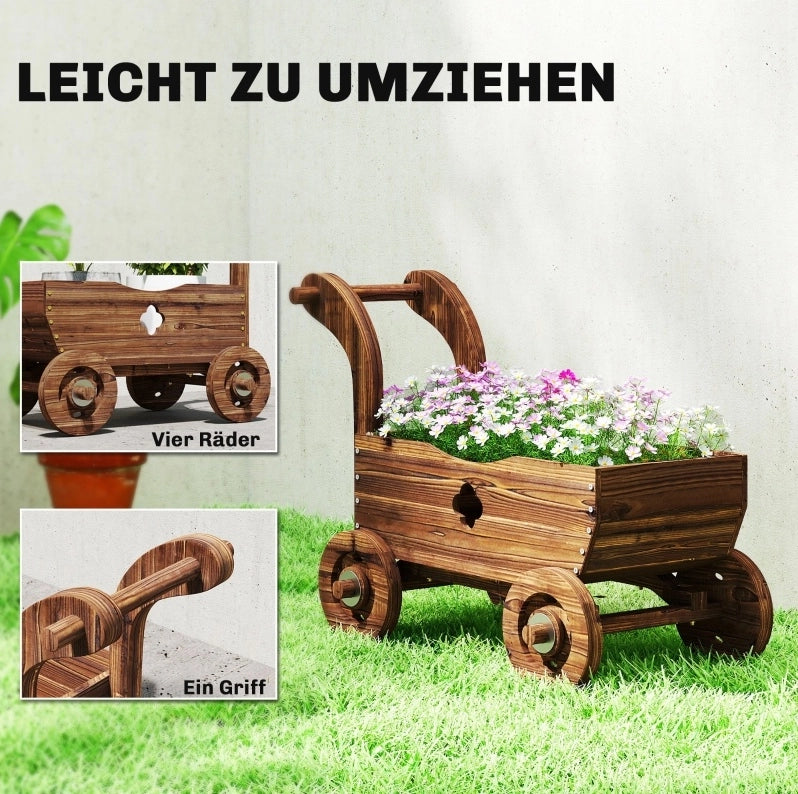 Lettino da giardino in legno di abete carbonizzato con ruote, 68 x 38 x 52 cm, design a carretto vintage