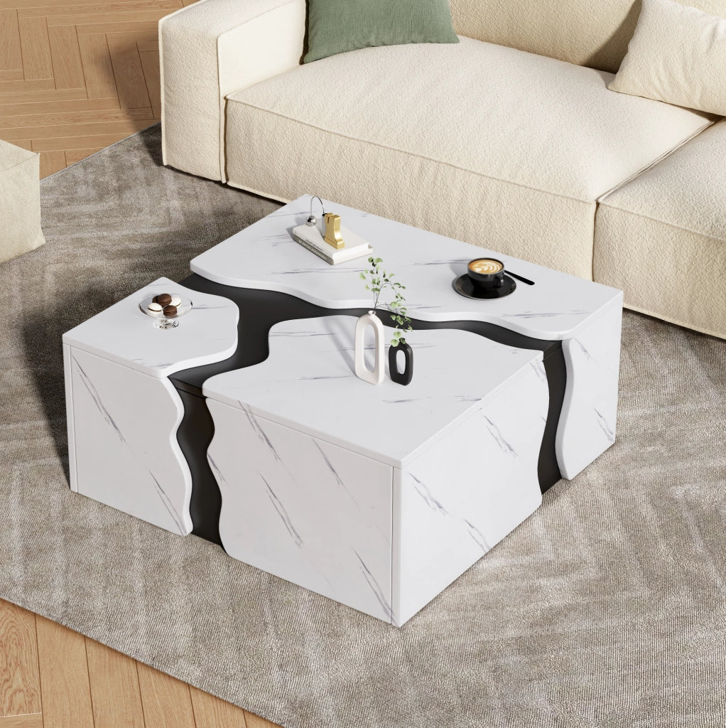 Tavolino da salotto 70x70x31 cm con cassetto in truciolare bianco effetto marmo HOMVRA