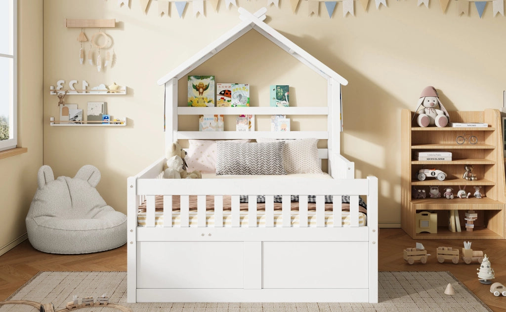 Letto a piattaforma in legno forma casa 140x200 cm, bianco, con letto estraibile, 3 cassetti e sponde di sicurezza