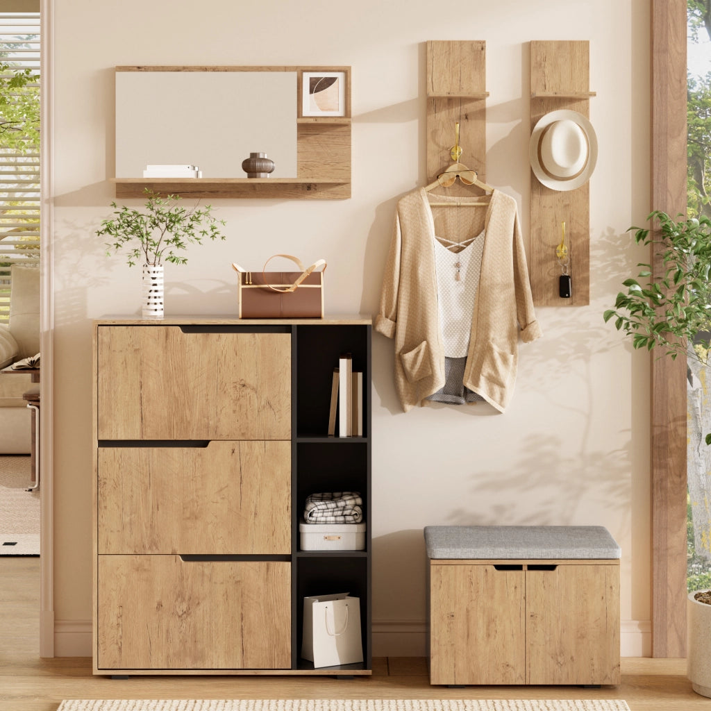 Set Appendiabiti con Specchio, Scarpiera e Panca Imbottita in Legno Nero 150x35x161,5 cm per Ingresso