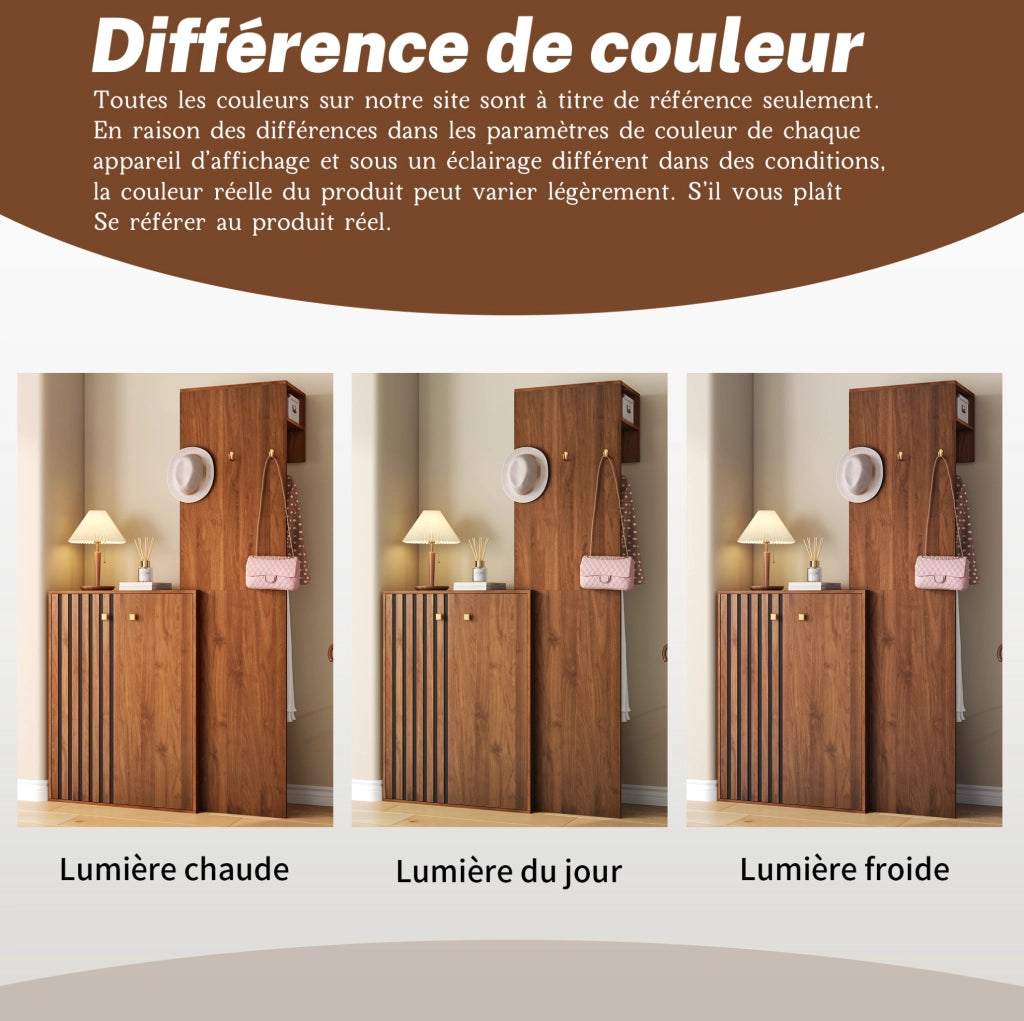 DESMIU Compact Garderobe aus MDF in Nussbaum mit Schuhschrank, Kleiderstange und Haken, 115x38,5x191,5 cm