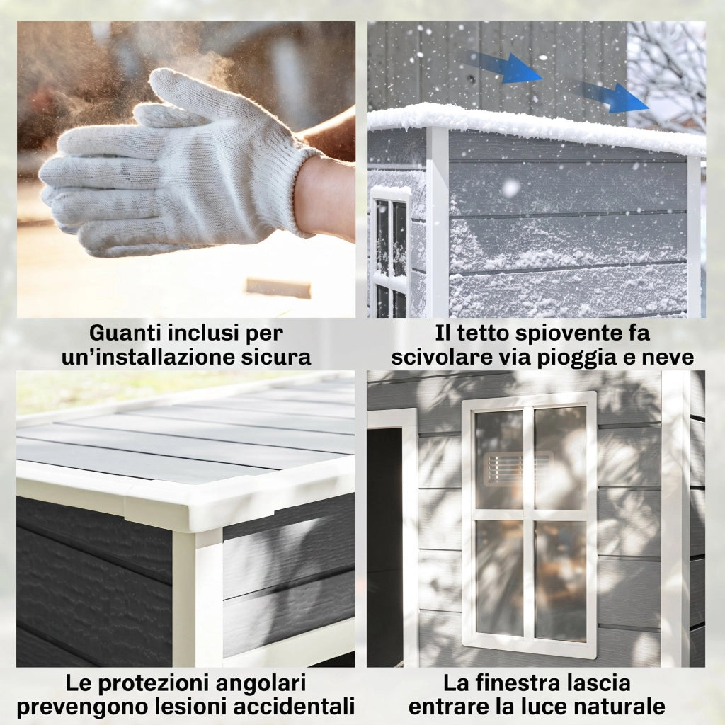 Casetta da Giardino Porta Attrezzi Grigio con Porta Bloccabile Finestra e Presa d'Aria 133x74 cm Resistente per Esterno