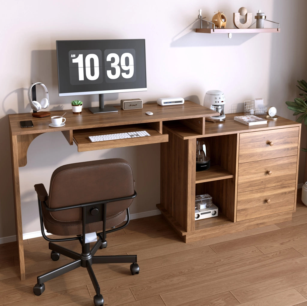 Scrivania estraibile in MDF noce con 3 cassetti e ripiani