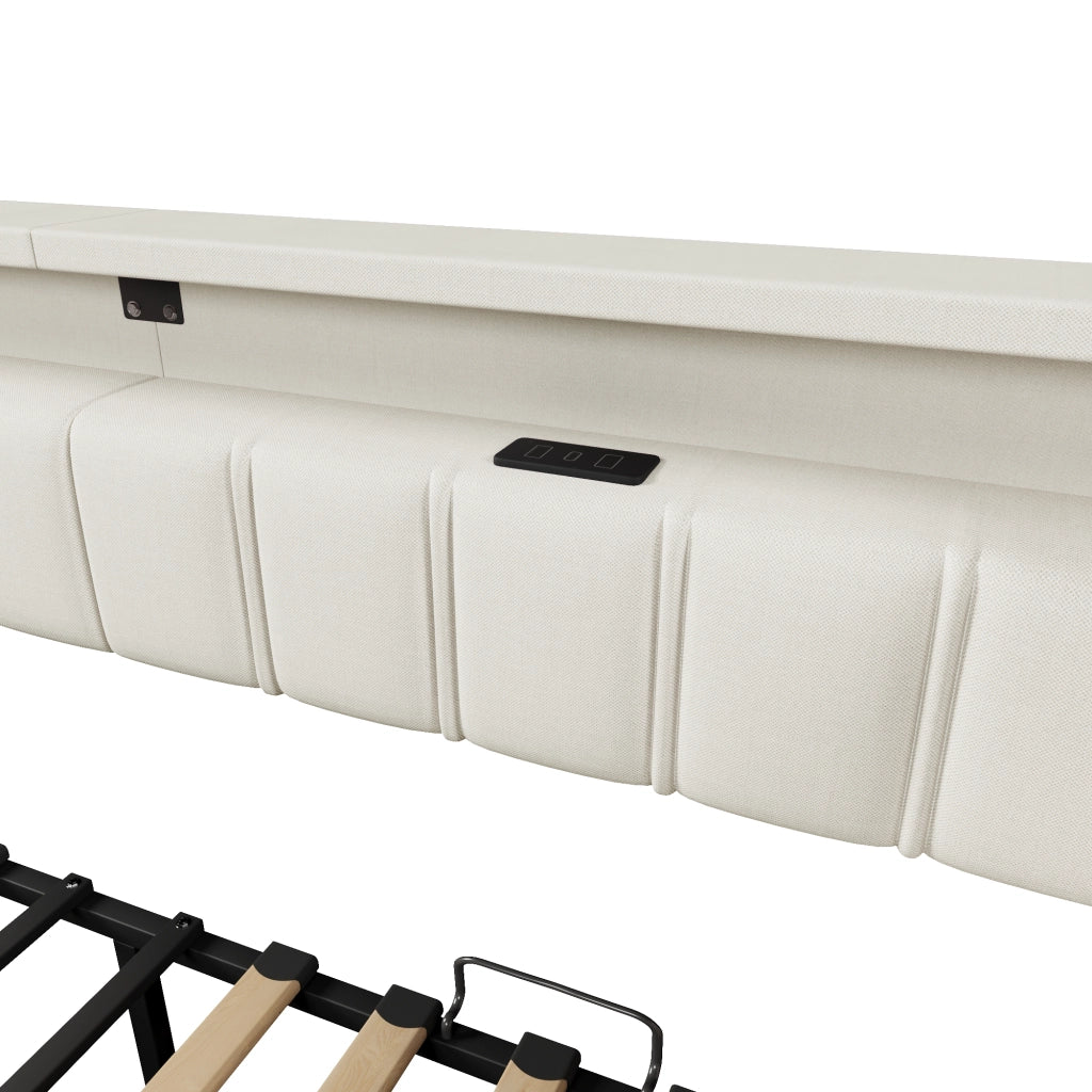 Letto estraibile singolo 90×200 cm con USB; Type-C; LED; 2 cassetti e 2 tasche; senza materasso; lino; beige