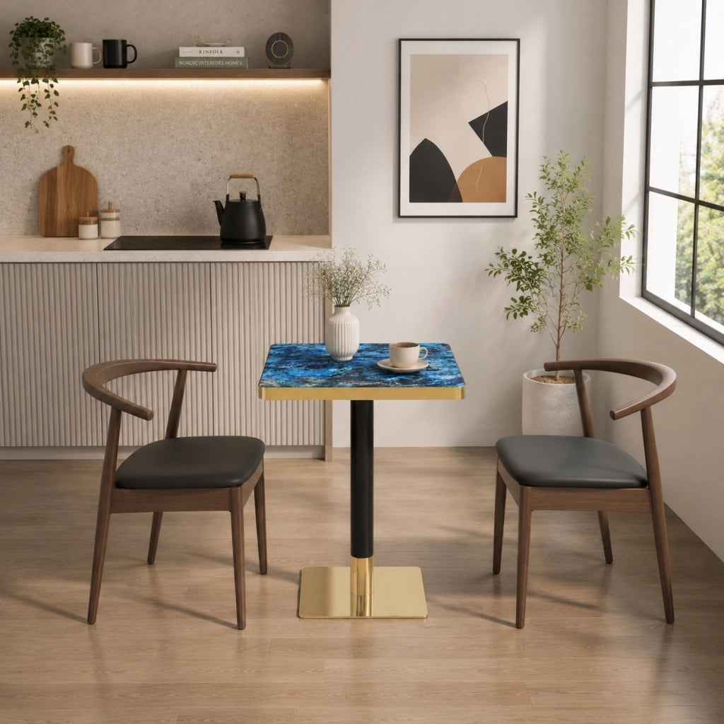 Tavolo da pranzo quadrato con base stabile, effetto marmo e bordo dorato, in MDF e metallo, blu, 60 × 60 × 74 cm
