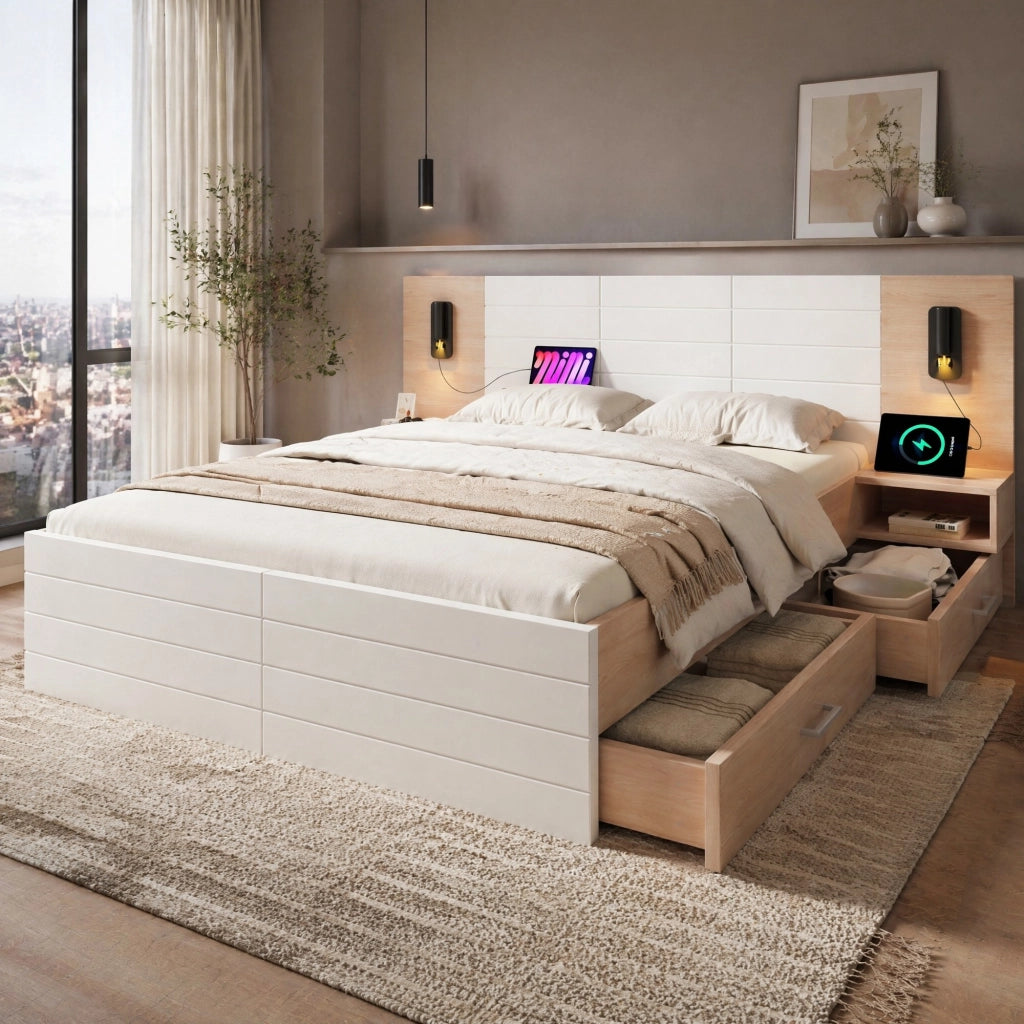 Letto matrimoniale 180x200 cm con comodini, cassetti, luce orientabile e USB
