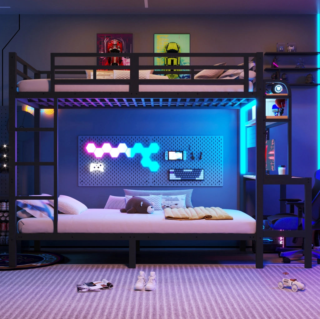 Letto a soppalco 90x200 cm con scrivania; LED e porta USB nero HOMVRA