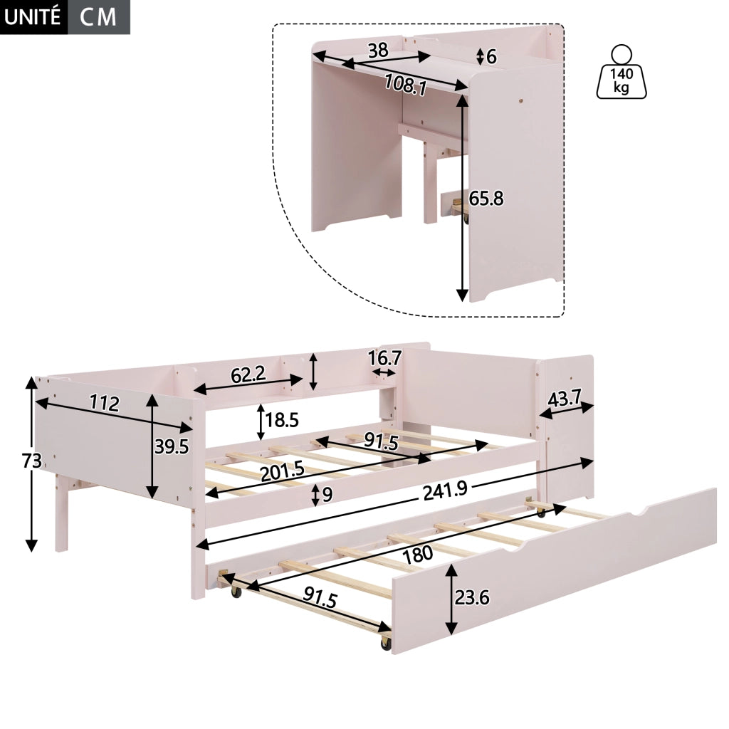 Letto per bambini 90×200 cm con letto estraibile; scrivania e 3 ripiani laterali; senza materasso; rosa