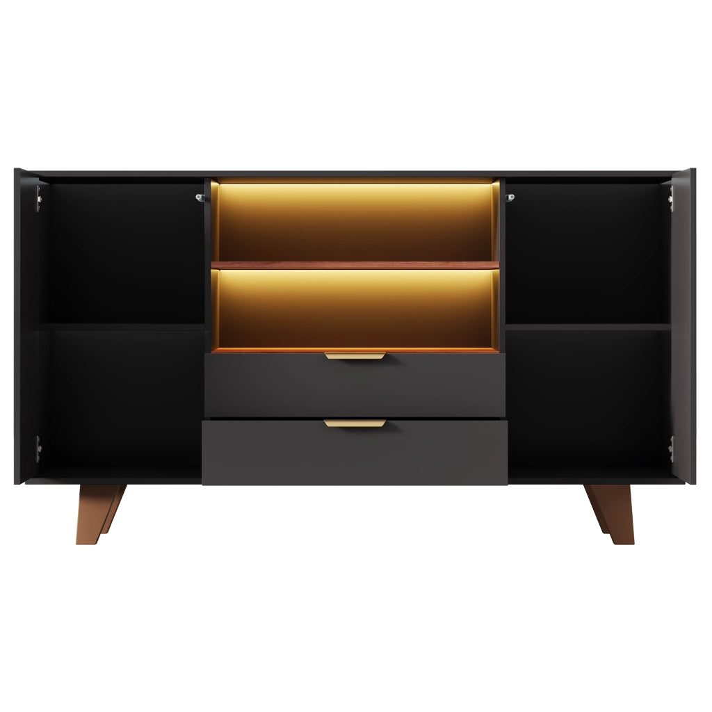 Credenza da cucina LED con 2 cassetti, ripiani regolabili e vani aperti, MDF naturale e nero, 150 × 40 × 90 cm