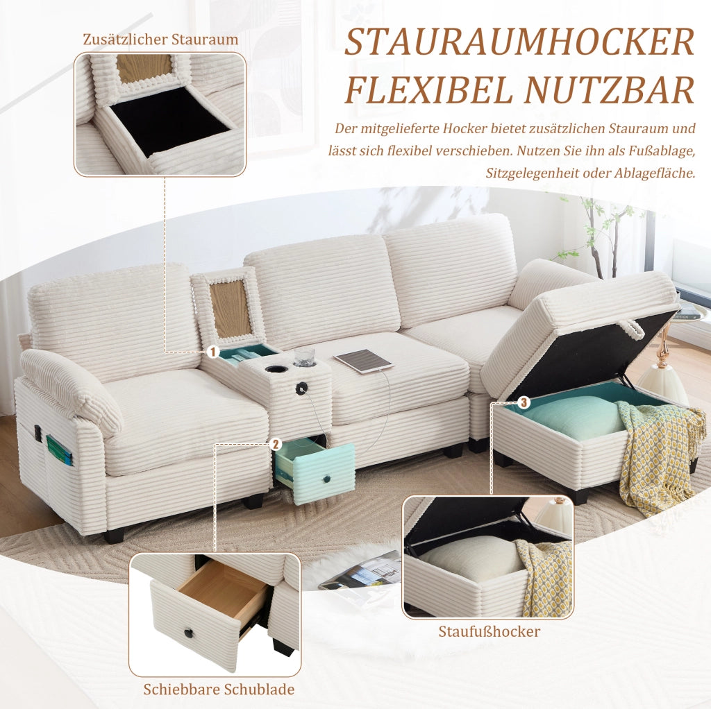Divano beige in velluto a coste con console scorrevole; USB-C e pouf contenitore – 266 × 136 × 82 cm
