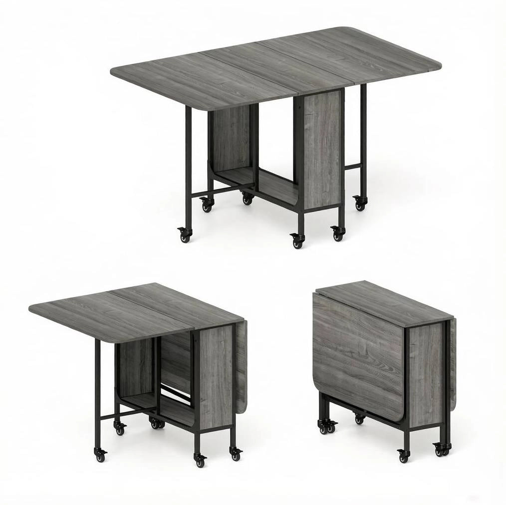 Tavolo da Pranzo Pieghevole con Ruote e Ripiano, Allungabile 130x80x74 cm, Grigio