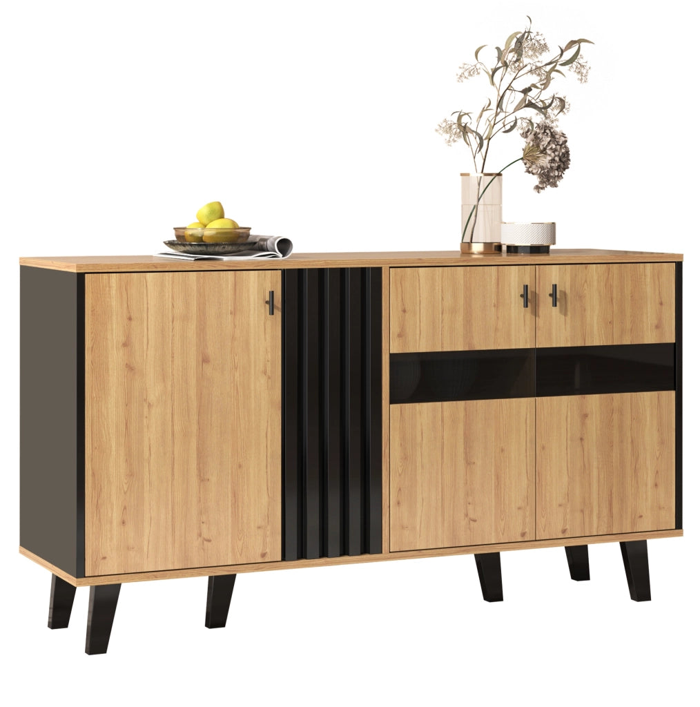 Credenza a tre ante con vetro e LED, design in legno e nero