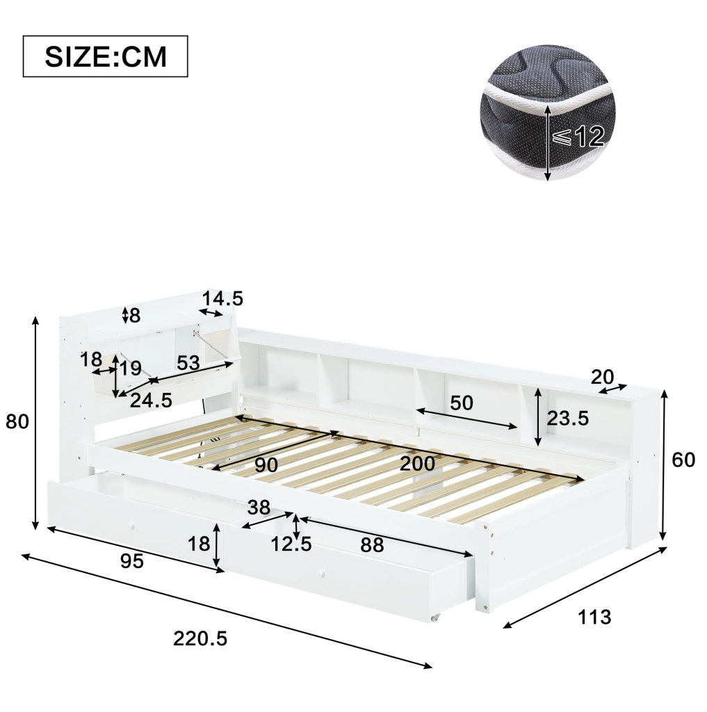 Letto singolo 90x200 cm con testiera contenitore e luci