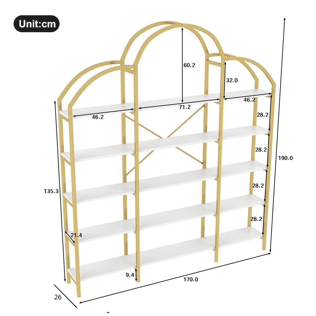 LIBRERIA 170x26x190 cm 5 ripiani MDF e metallo bianco e oro