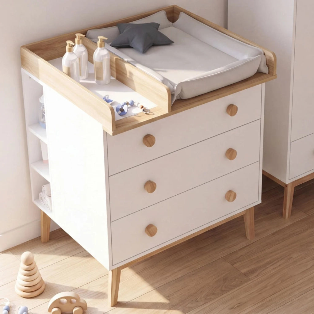 IDMarket - Comò fasciatoio JACOB bianco e legno con 3 cassetti, fasciatoio rimovibile e 2 ripiani