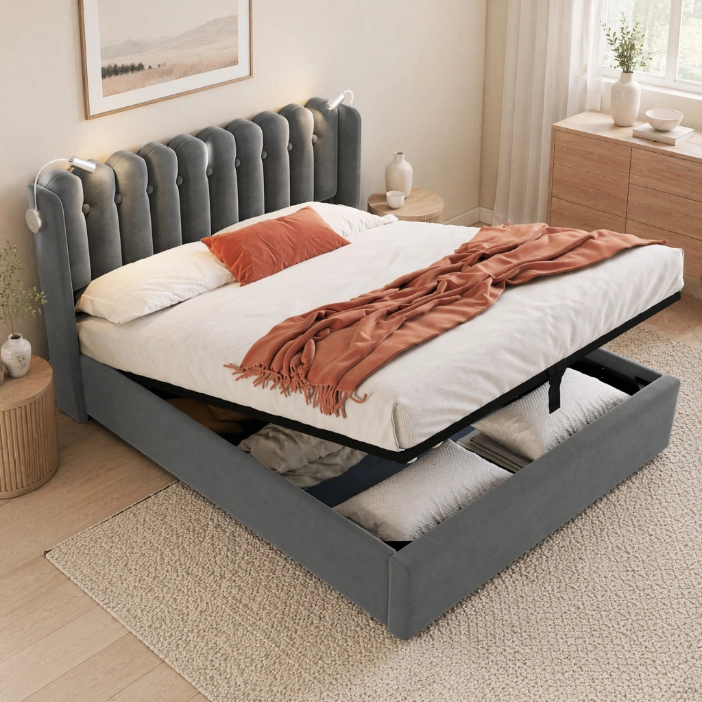 Letto contenitore 160 × 200 cm con testiera imbottita lampada da lettura USB rivestito in velluto grigio con rete a doghe