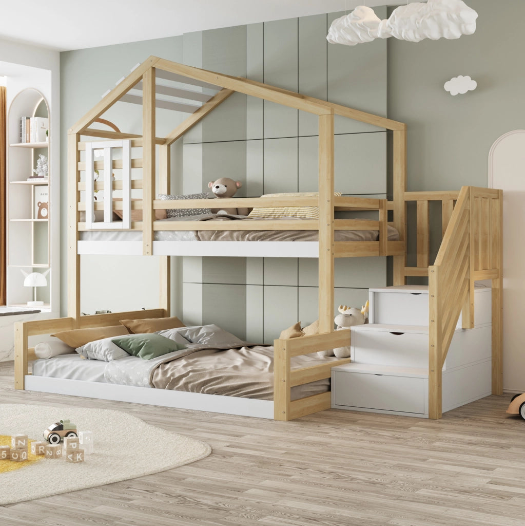 LETTO A CASTELLO 90x200 cm in pino e MDF naturale con scala contenitore