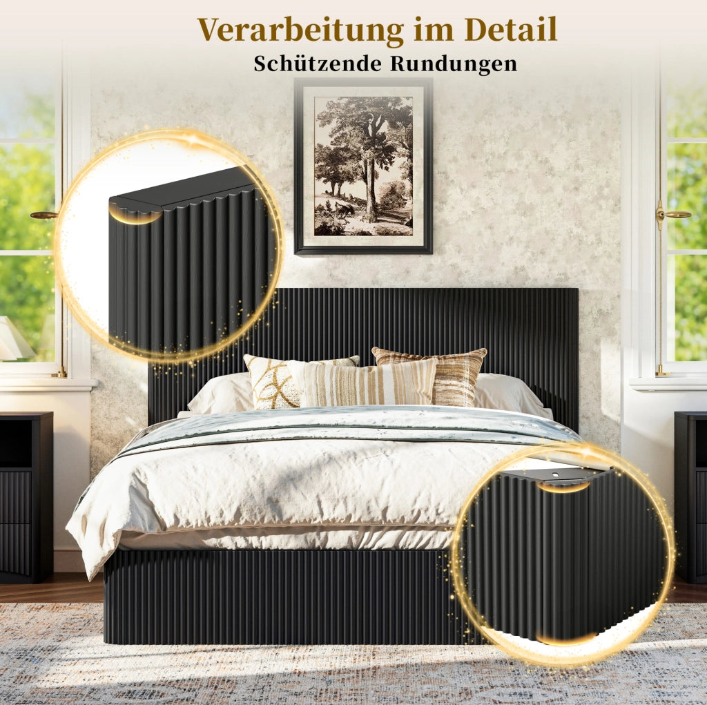 Letto con contenitore e sistema idraulico 160x200 cm, struttura in acciaio e doghe in legno massello, finitura nera lucida