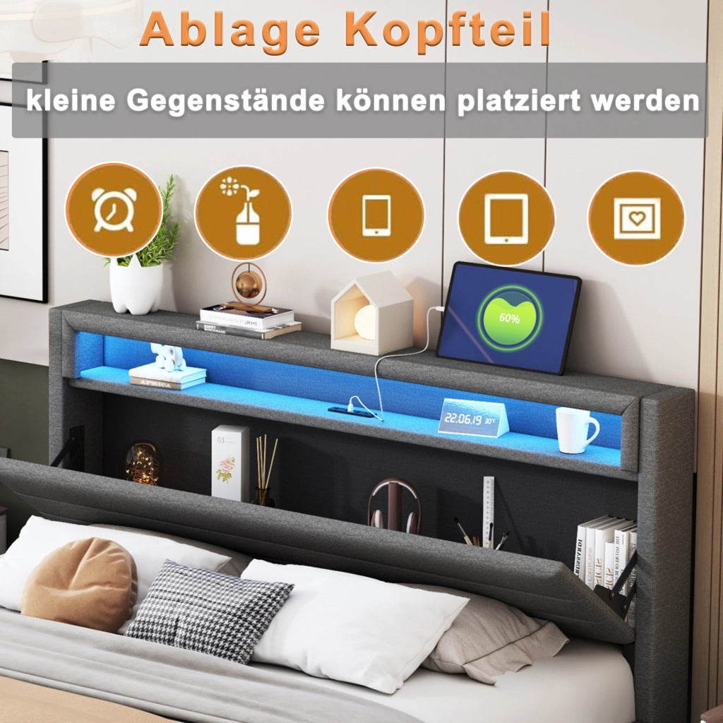DESMIU Lit adulte 160 × 200 cm con USB, LED, testiera reversibile e piedi nascosti, senza materasso, grigio