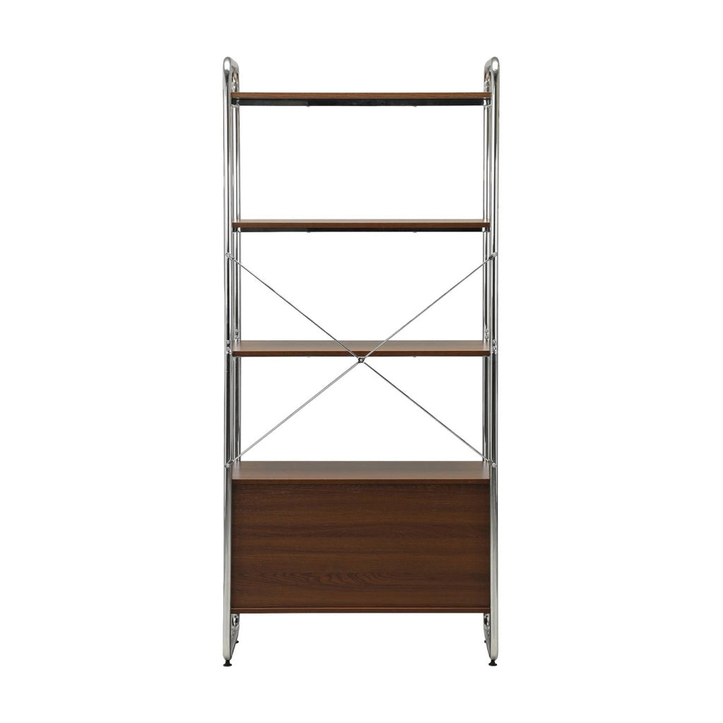 Scaffale libreria in metallo cromato ed effetto legno con 2 ante