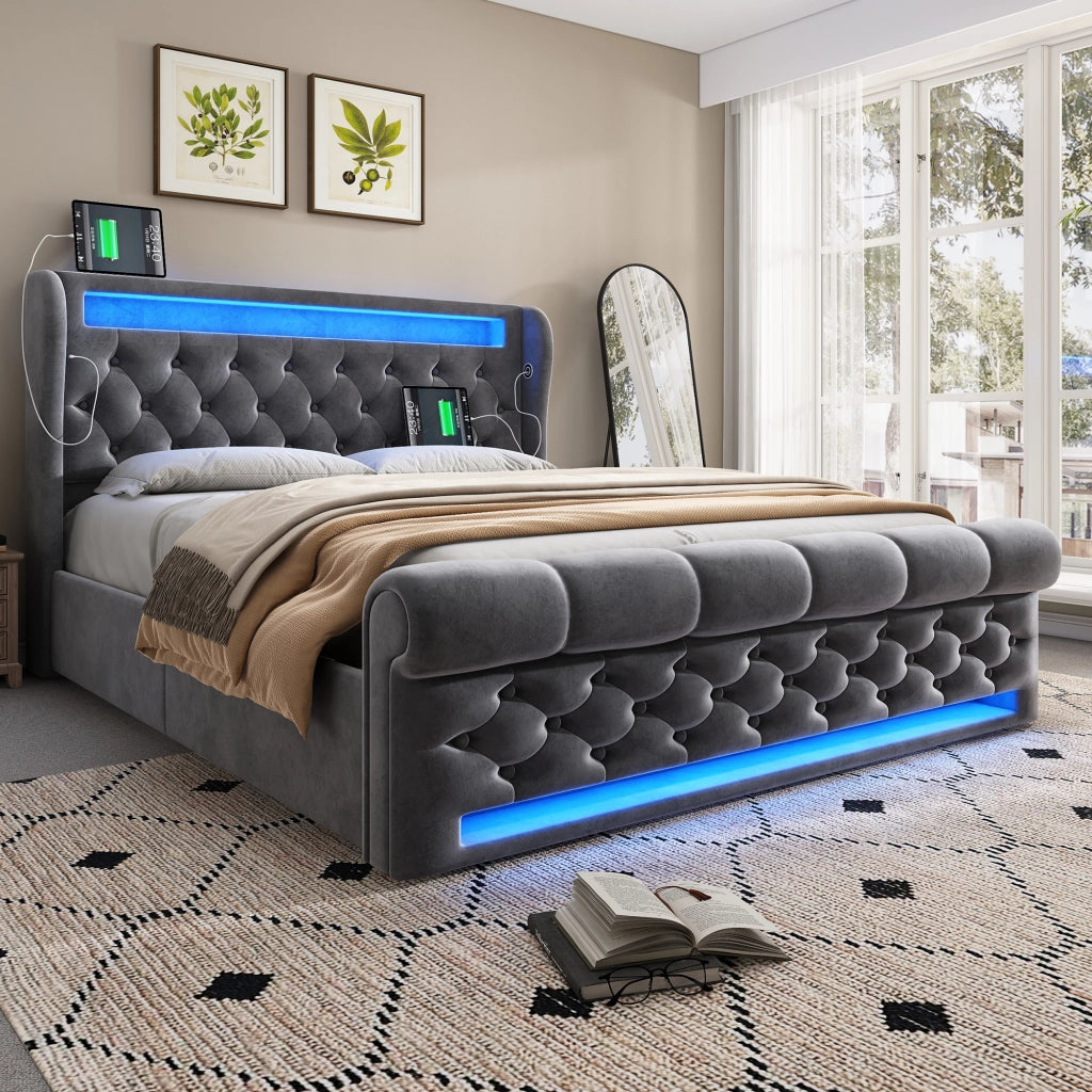 Letto imbottito matrimoniale 140 × 200 cm con contenitore idraulico; LED; USB e Type-C; senza materasso; velluto grigio