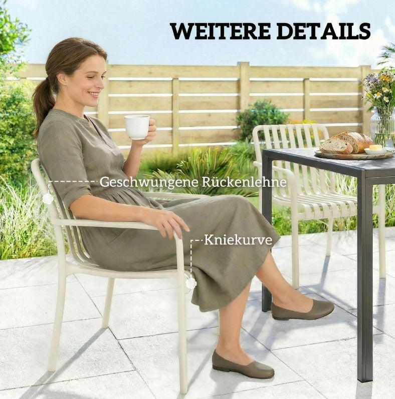 Set di 4 Sedie da Giardino Impilabili in PP Crema con Schienale Ergonomico a Lamelle