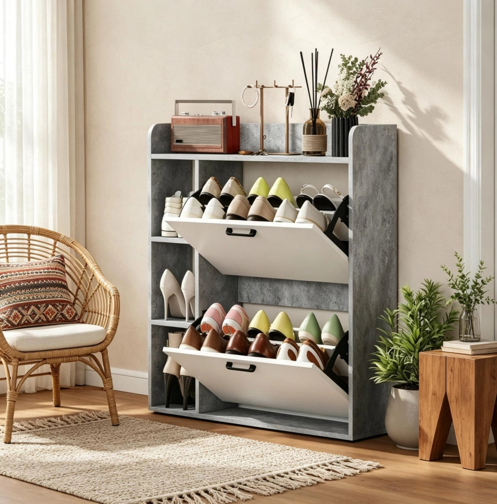 SCARPIERA a Ribalta 83x24x90,5 cm Bianco e Grigio con 2 Scomparti