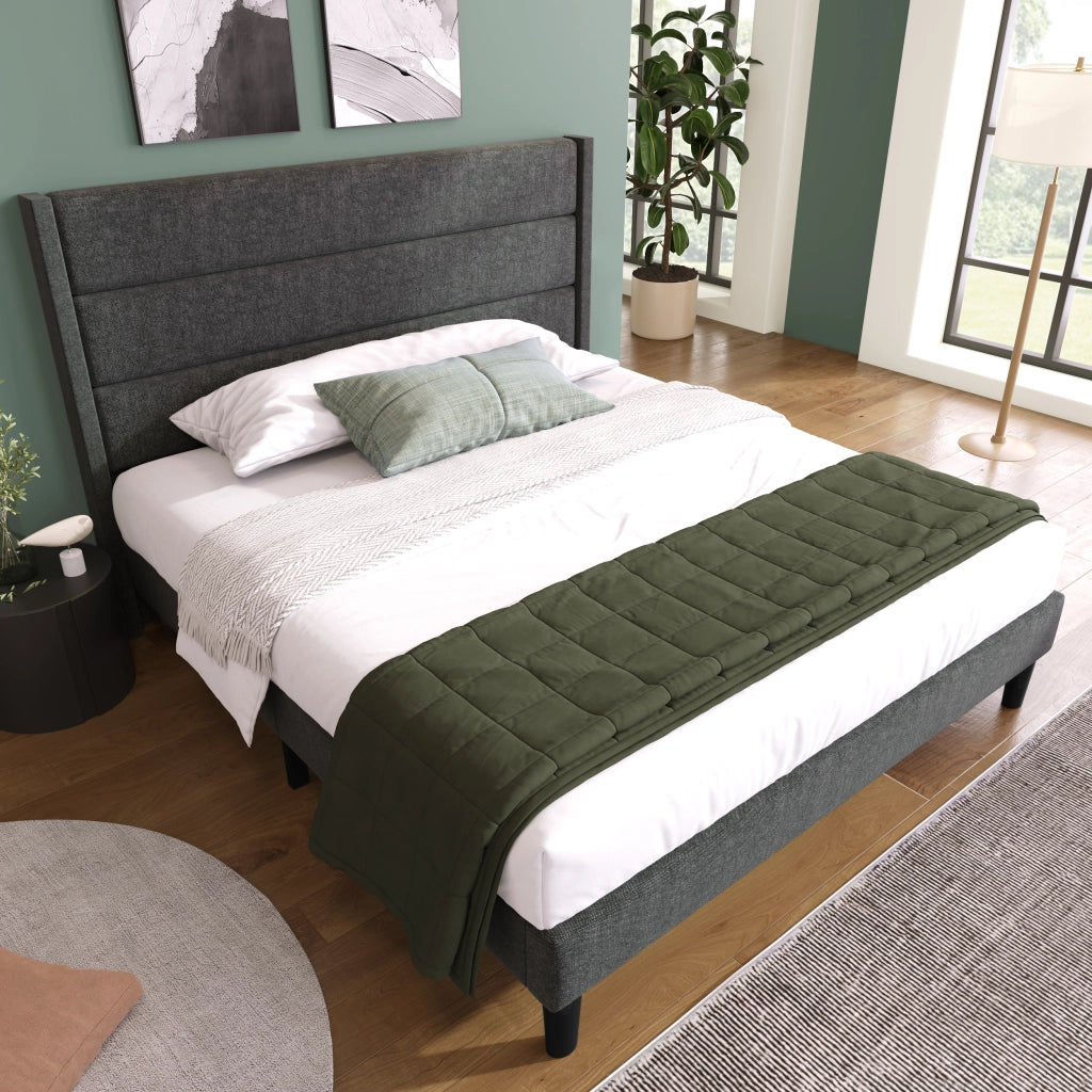 Letto matrimoniale 140 × 200 cm 2 posti, testiera imbottita e materasso H3 a 7 zone, in lino grigio scuro