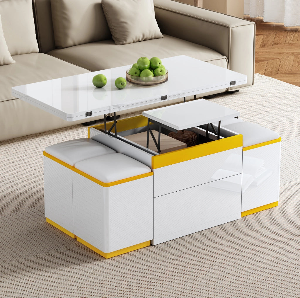 Tavolino trasformabile bianco e giallo con 4 sgabelli contenitore, 100 x 50 cm