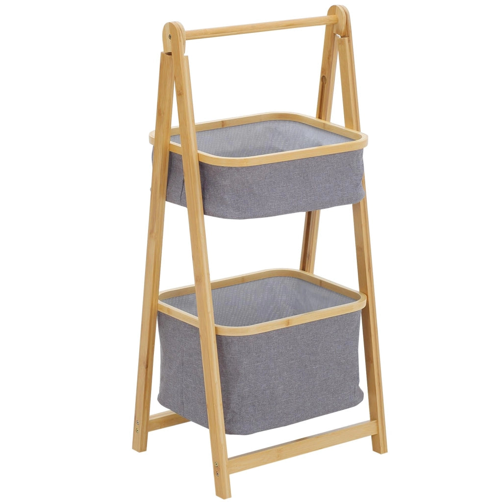 2 Cestini in Tessuto con Supporto Pieghevole 45x35x98 cm in Bambù Grigio