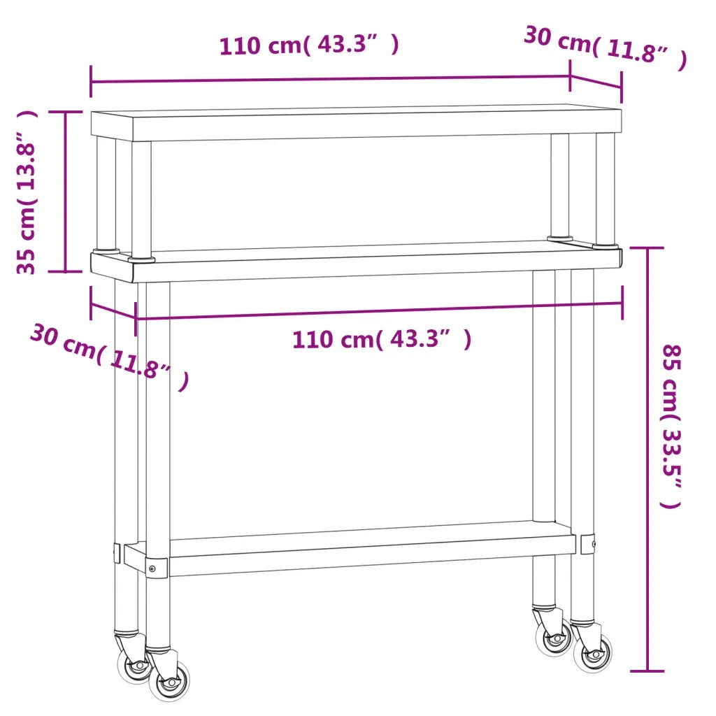 Tavolo Lavoro Cucina con Ripiano-Piano di Lavoro Cucina 110x30x120 cm Acciaio Inox 598985