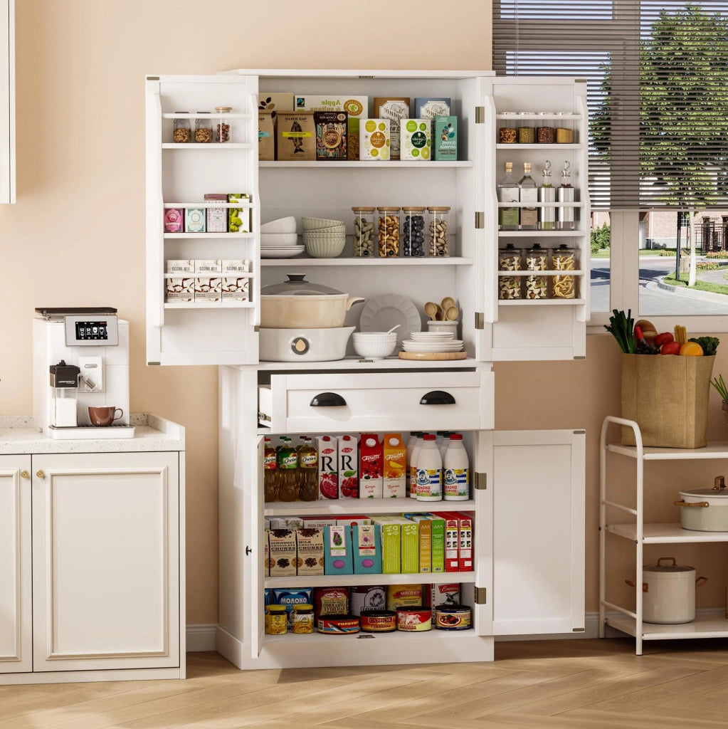 Credenza alta da cucina 80x40x182 cm con 4 ante; cassetto e ripiani regolabili in MDF bianco