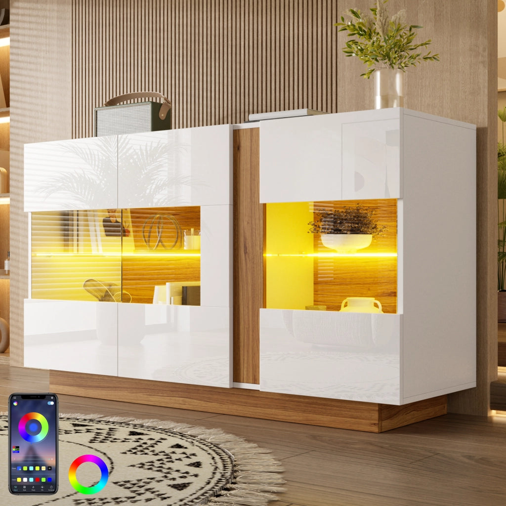 Credenza moderna con 3 ante in acrilico e LED regolabile; 120 x 38 x 80 cm; truciolare bianco e naturale