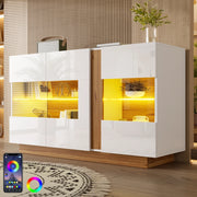 Credenza moderna con 3 ante in acrilico e LED regolabile; 120 x 38 x 80 cm; truciolare bianco e naturale