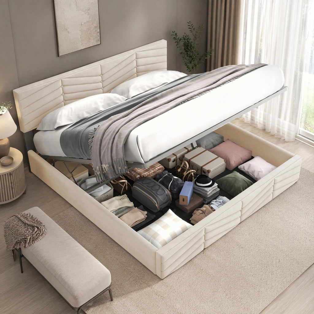 Letto imbottito 140x190 con testiera regolabile; velluto beige