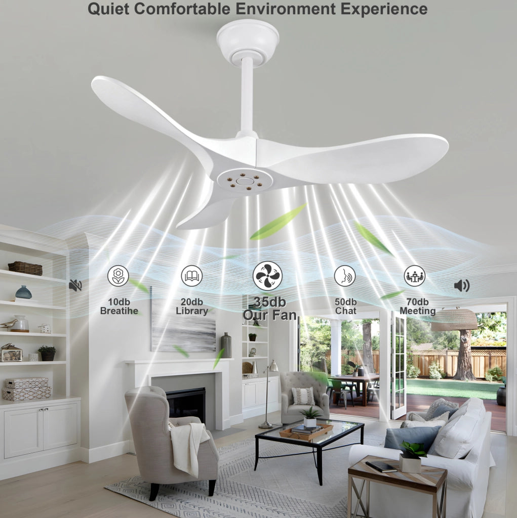 Ventilatore da soffitto 36" bianco con 3 pale in legno massello, telecomando, 6 velocità reversibili e funzione memoria velocità