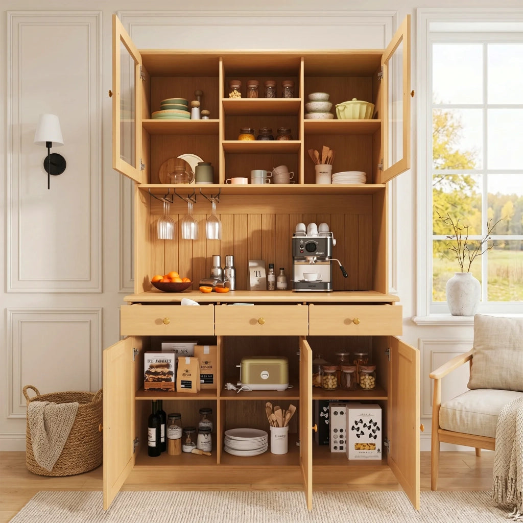 Credenza Alta da Pranzo 120x40x191 cm, Colore Naturale, Ante in Vetro, Portabicchieri, Ampio Spazio, Presa Integrata con USB-C e USB-A